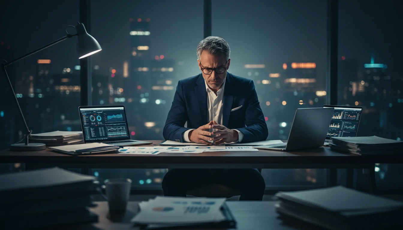 The weight of unanswerable questions in the CFO’s solitude.