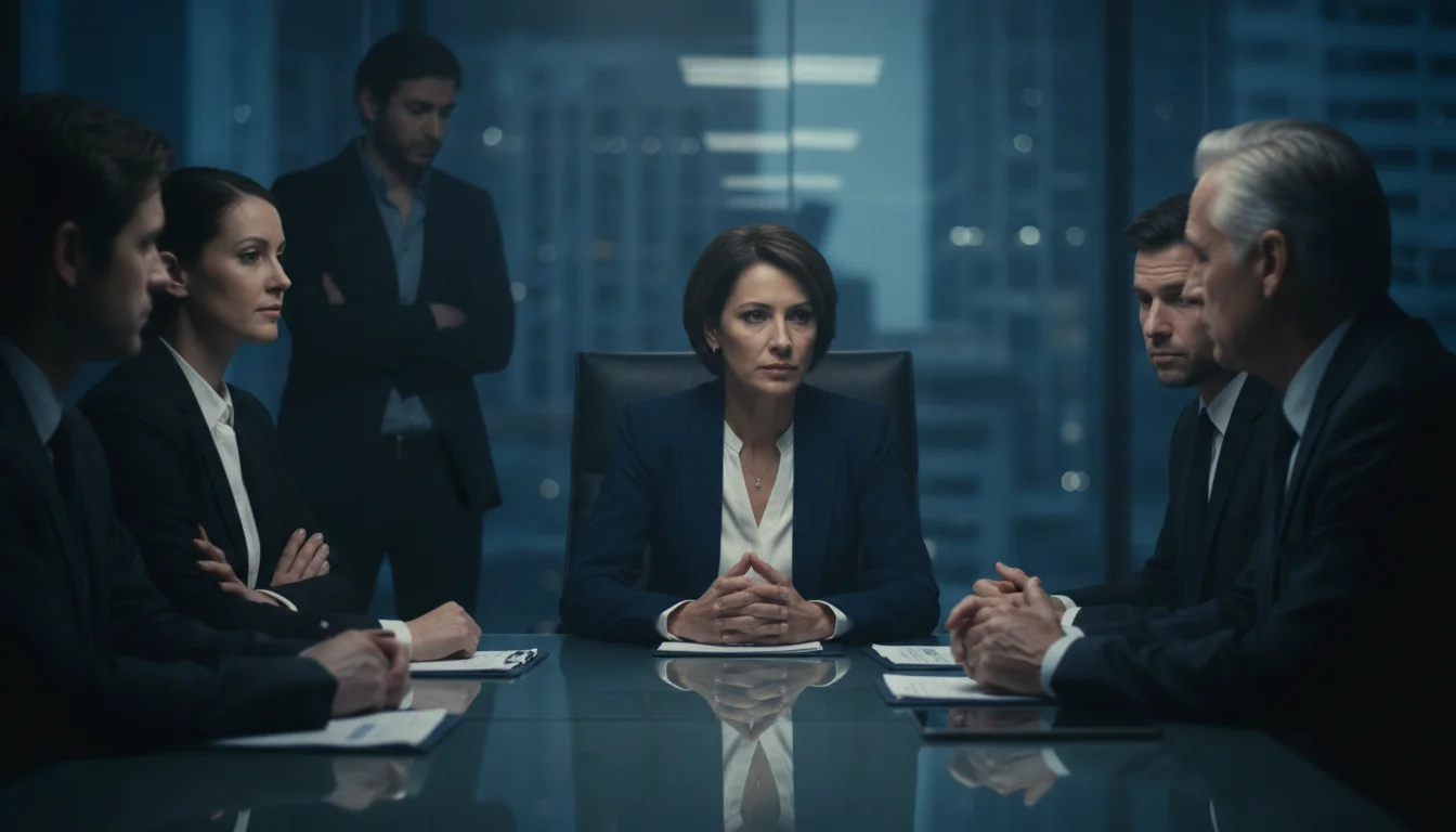 Boardroom tension as accountability and frustration collide.