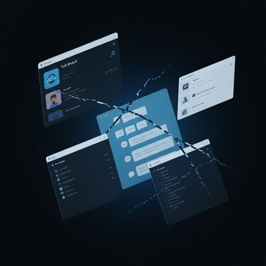 Visualization of fragmented enterprise software tools floating disconnected
