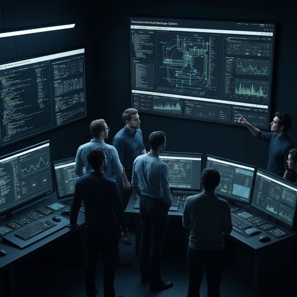Engineering team reviewing an autonomous system dashboard in a modern control room